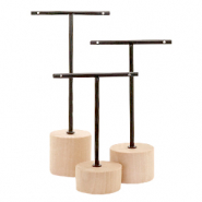 Pr&eacute;sentoir bijoux en forme de T avec pied en bois pour boucles d'oreilles (3 pcs) Naturel (couleur naturelle du bois)-noir