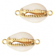 Perles coquillage specials Cauri connecteur Blanc cr&egrave;me-dor&eacute;