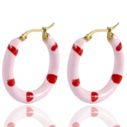 Boucles d'oreilles en acier Inox cr&eacute;oles &eacute;maill&eacute;e 26mm Rose doux clair rouge-dor&eacute;