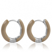 Boucles d'oreilles en acier Inox cr&eacute;oles &eacute;maill&eacute;e 16mm Beige fum&eacute;-argent&eacute;