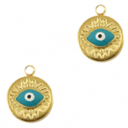 Breloques en acier Inox &eacute;maill&eacute;es oeil porte-bonheur Dor&eacute;-turquoise