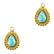 Breloques en acier Inox goutte avec pierre naturelle Dor&eacute;-turquoise