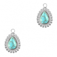 Breloques en acier Inox goutte avec pierre naturelle Argent&eacute;-turquoise