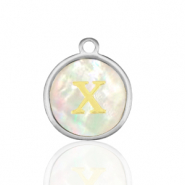 Breloques en acier Inox nacre rond 12mm lettre X Blanc (couleur naturelle)-argent&eacute;