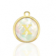 Breloques en acier Inox nacre rond 12mm lettre X Blanc (couleur naturelle)-dor&eacute;