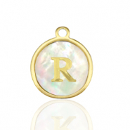Breloques en acier Inox nacre rond 12mm lettre R Blanc (couleur naturelle)-dor&eacute;