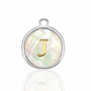 Breloques en acier Inox nacre rond 12mm lettre J Blanc (couleur naturelle)-argent&eacute;