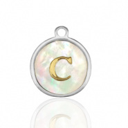 Breloques en acier Inox nacre rond 12mm lettre C Blanc (couleur naturelle)-argent&eacute;