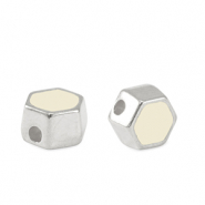 Perles en m&eacute;tal DQ hexagone Argent&eacute; antique-blanc ivoire (sans nickel)