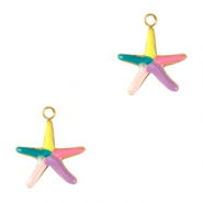 Breloques en acier Inox &eacute;toile de mer &eacute;maill&eacute;e Dor&eacute;-multicolore