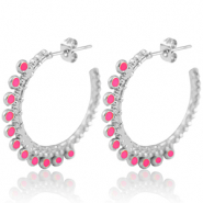 Boucles d'oreilles en acier Inox cr&eacute;oles 30mm Argent&eacute;-magenta