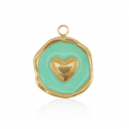 Breloques en acier Inox coeur Dor&eacute;-bleu turquoise