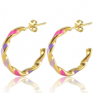Boucles d'oreilles en acier Inox Multicolore rose lilas pourpre-dor&eacute;