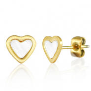 Boucles d'oreilles / puces d&rsquo;oreilles en acier Inox coeur Dor&eacute;-blanc perle