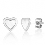 Boucles d'oreilles / puces d&rsquo;oreilles en acier Inox coeur Argent&eacute;-blanc perle