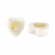 Perles en verre c&oelig;ur effet nacr&eacute; Yin & Yang Blanc-dor&eacute;