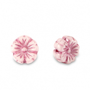 Perles tch&egrave;ques fleur 7mm Rose magenta m&eacute;tallis&eacute;-blanc