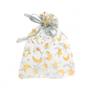 Sachet &agrave; bijoux en organza 9x12cm lune et &eacute;toile Gris clair-dor&eacute;