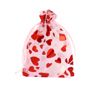 Sachet &agrave; bijoux en organza 9x12cm coeur Rose clair-rouge
