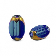 Perles en verre ovale &agrave; facettes Bleu royal transparent-dor&eacute;