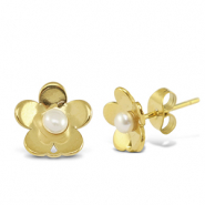 Boucles d'oreilles / puces en acier Inox perles fleur avec anneau Dor&eacute;