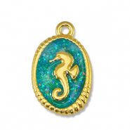 Breloques en métal DQ hippocampe Pailleté Turquoise-Doré (sans nickel)