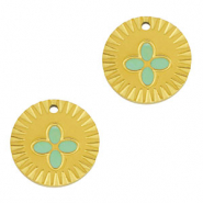 Breloques en acier Inox rond fleur Dor&eacute;-menthe verte