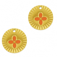 Breloques en acier Inox rond fleur Dor&eacute;-orange