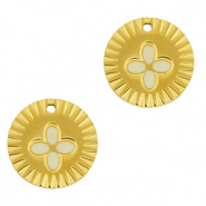 Breloques en acier Inox rond fleur Dor&eacute;-blanc