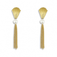 Boucles d'oreilles / puces en acier Inox coquille avec imitations perles Dor&eacute;