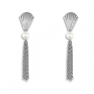 Boucles d'oreilles / puces en acier Inox coquille avec imitations perles Argent&eacute;
