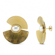 Boucles d'oreilles / puces en acier Inox &eacute;ventail avec imitations perles Dor&eacute;