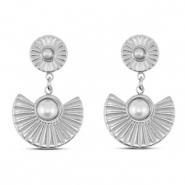 Boucles d'oreilles / puces en acier Inox &eacute;ventail avec imitations perles Argent&eacute;