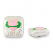 Perles acryliques carr&eacute; avec coeur Perle-rose clair-vert