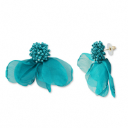 Boucles d'oreilles tendance fleur en mousseline Vert sarcelle-dor&eacute;