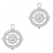 Breloques en acier Inox boussole avec fleur Argent&eacute;