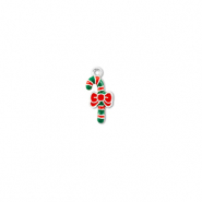 Breloques en m&eacute;tal canne sucre Argent&eacute;-vert-rouge