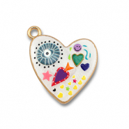 Breloques en m&eacute;tal avec &eacute;maill&eacute;e coeur Blanc-multicolore-dor&eacute;