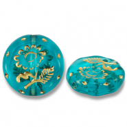 Perles acryliques rond avec fleur Bleu sarcelle-dor&eacute;