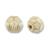 Perles acryliques rond avec fleur Blanc cass&eacute;-dor&eacute;