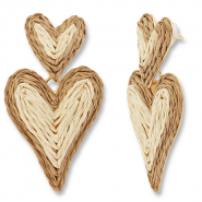Boucles d'oreilles en raphia accroche-regard c&oelig;ur Beige-marron clair-dor&eacute;