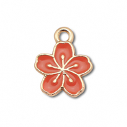 Breloques en m&eacute;tal &eacute;maill&eacute;e fleur Dor&eacute;-rouge corail fonc&eacute;