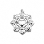 Breloques en acier Inox fleur avec coeur Argent&eacute;