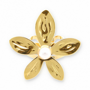 Bagues en acier Inox fleur avec perle Dor&eacute;-blanc
