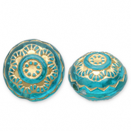 Perles acryliques rond avec fleur Bleu sarcelle-dor&eacute;