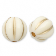 Perles acryliques 8 mm rond avec lignes Blanc cass&eacute;-dor&eacute;