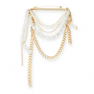 Broches accroche-regard barre avec cha&icirc;ne et perles Dor&eacute;-blanc