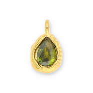 Breloques en acier Inox goutte avec une facette Dor&eacute;-verte olive