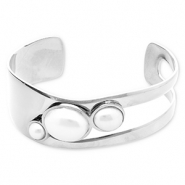 Bracelets en acier Inox jonc avec imitations perles Argent&eacute;-blanc