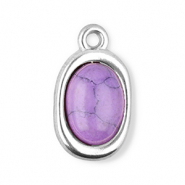 Breloques en acier Inox ovale avec pierre naturelle howlite Argent&eacute;-violet